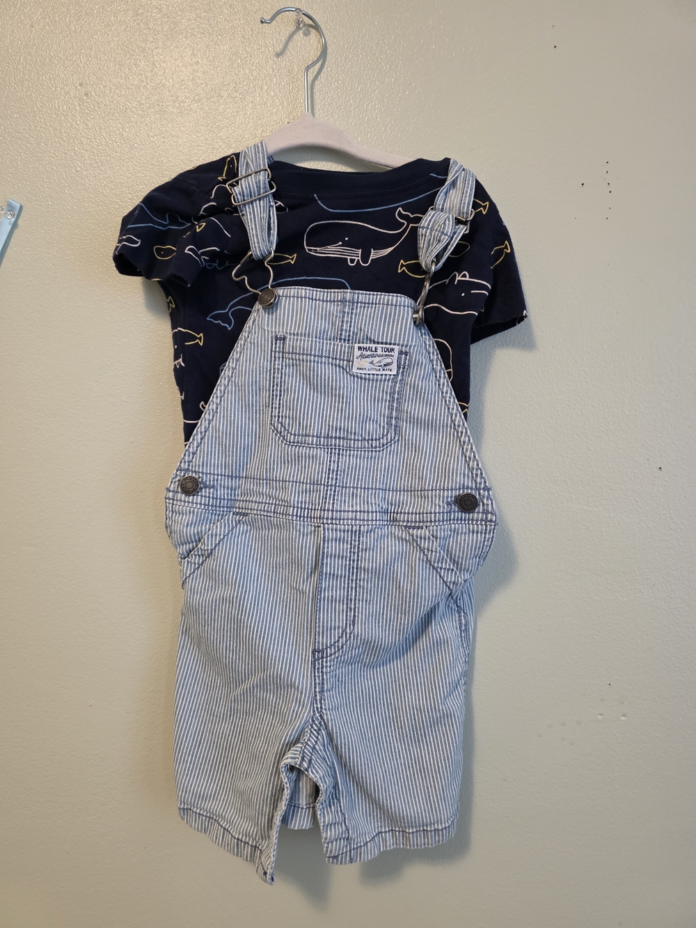 Carter's Navy Whale Tee with Blue/White Pinstripe Short Overalls